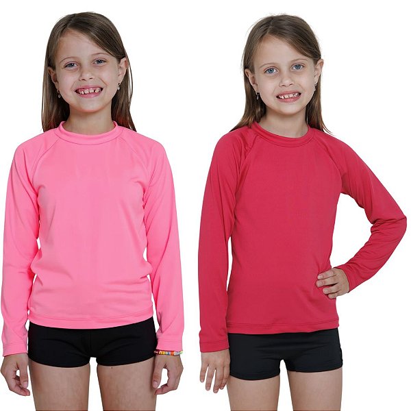 KIT 2 BLUSAS INFANTIL COM PROTEÇÃO SOLAR UV50 MODA PRAIA - ROSA NEON E ROSA PINK