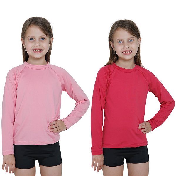 KIT 2 BLUSAS INFANTIL COM PROTEÇÃO SOLAR UV50 MODA PRAIA - ROSA CLARO E ROSA PINK