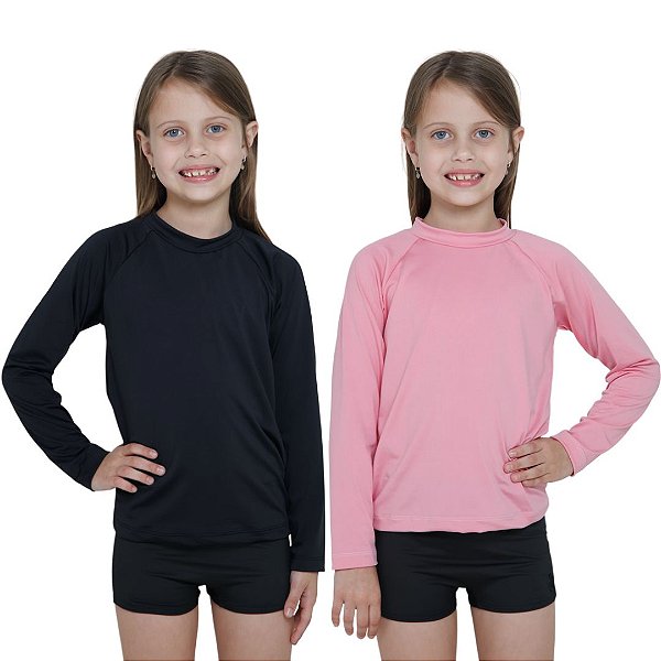 KIT 2 BLUSAS INFANTIL COM PROTEÇÃO SOLAR UV50 MODA PRAIA - ROSA CLARO E PRETO