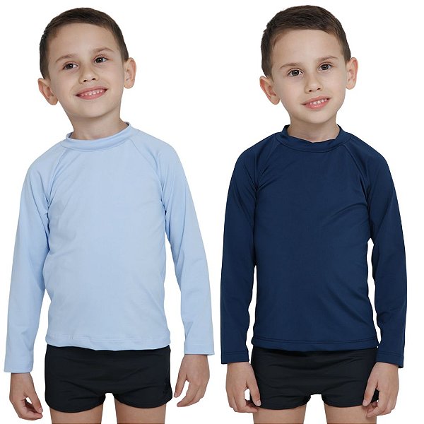 KIT 2 BLUSAS INFANTIL COM PROTEÇÃO SOLAR UV50 MODA PRAIA - AZUL BEBÊ E MARINHO