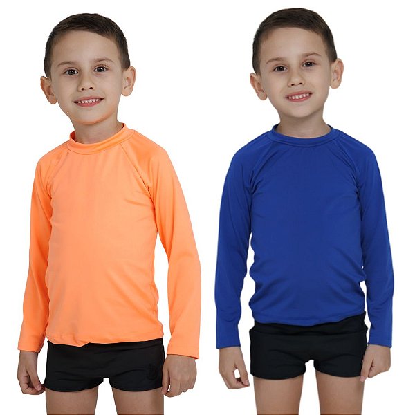KIT 2 BLUSAS INFANTIL COM PROTEÇÃO SOLAR UV50 MODA PRAIA - LARANJA NEON E AZUL ROYAL
