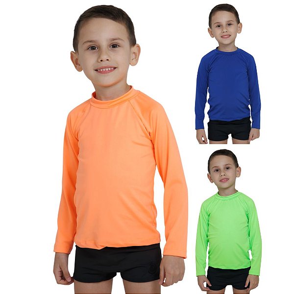 KIT 3 BLUSAS INFANTIL COM PROTEÇÃO SOLAR UV50 MODA PRAIA - VERDE NEON, LARANJA NEON, AZUL ROYAL