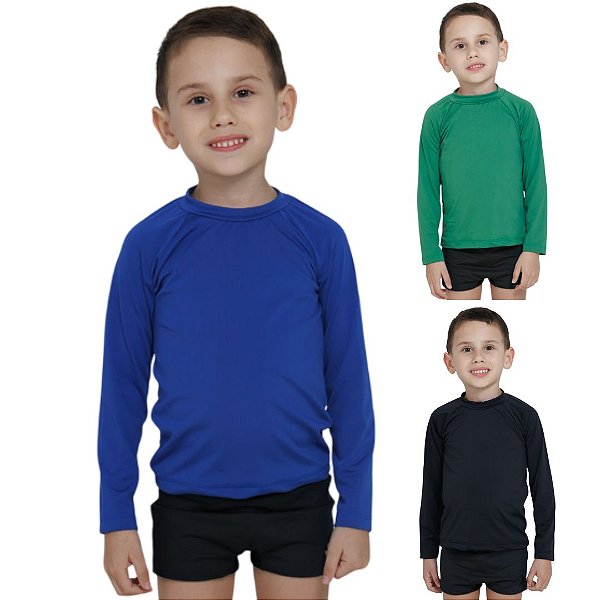 KIT 3 BLUSAS INFANTIL COM PROTEÇÃO SOLAR UV50 MODA PRAIA - PRETO, VERDE BANDEIRA, AZUL ROYAL