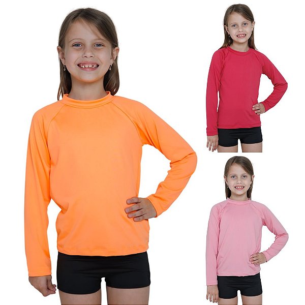 KIT 3 BLUSAS INFANTIL COM PROTEÇÃO SOLAR UV50 MODA PRAIA - ROSA CLARO, ROSA PINK, LARANJA NEON