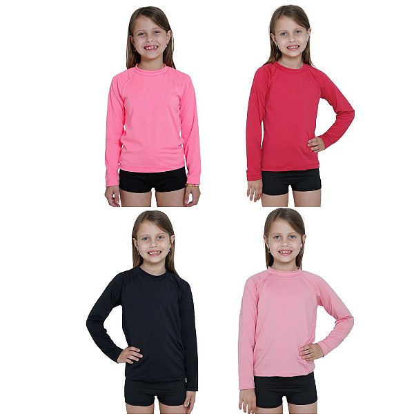 KIT 4 BLUSAS INFANTIL COM PROTEÇÃO SOLAR UV50 MODA PRAIA - PINK, ROSA CLARO, ROSA NEON, PRETO