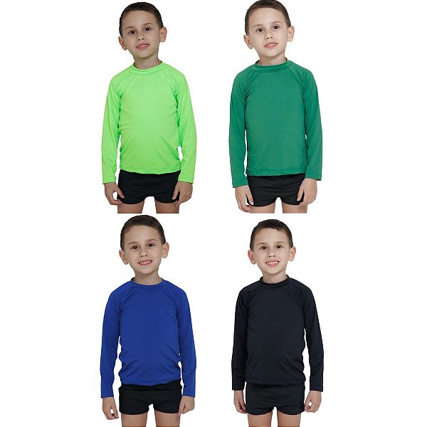 KIT 4 BLUSAS INFANTIL COM PROTEÇÃO SOLAR UV50 MODA PRAIA - VERDE NEON, ROYAL, VERDE BANDEIRA, PRETO