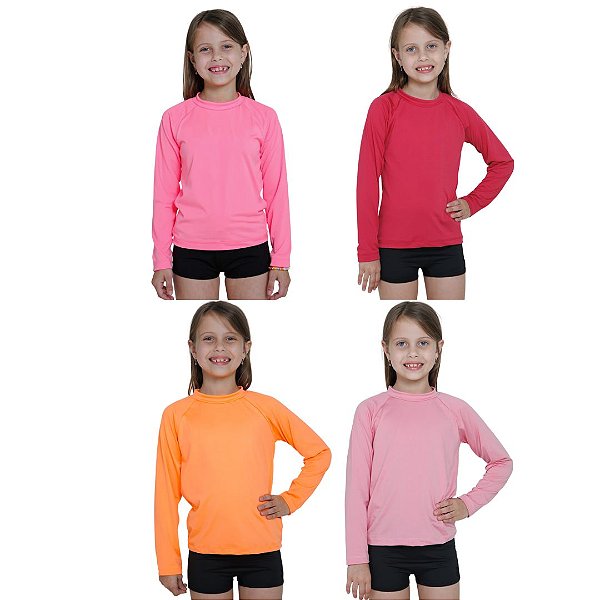 KIT 4 BLUSAS INFANTIL COM PROTEÇÃO SOLAR UV50 MODA PRAIA - PINK, ROSA CLARO, ROSA NEON, LARANJA NEON