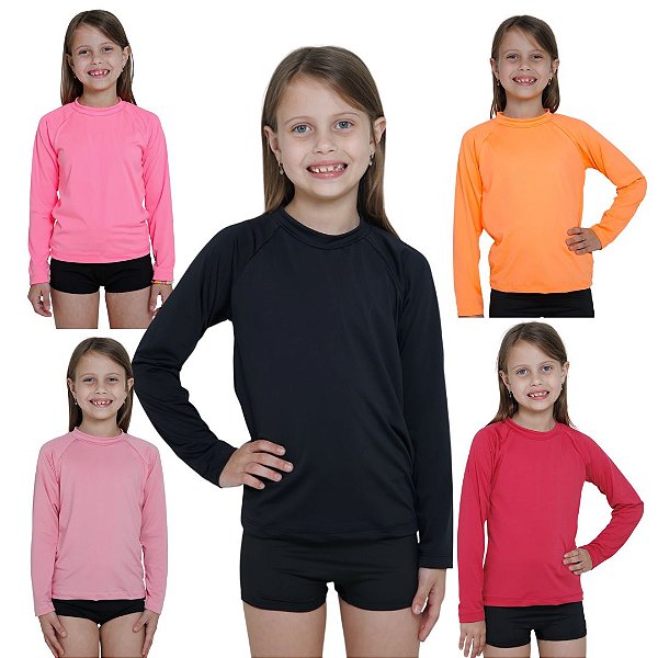 KIT 5 BLUSAS INFANTIL COM PROTEÇÃO SOLAR UV50 MODA PRAIA - PRETO, LARANJA, PINK, ROSA CLARO, ROSA NEON