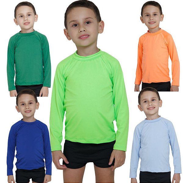 KIT 5 BLUSAS INFANTIL COM PROTEÇÃO SOLAR UV50 MODA PRAIA - LARANJA, ROYAL, VERDE NEON, AZUL BEBÊ, VERDE BANDEIRA