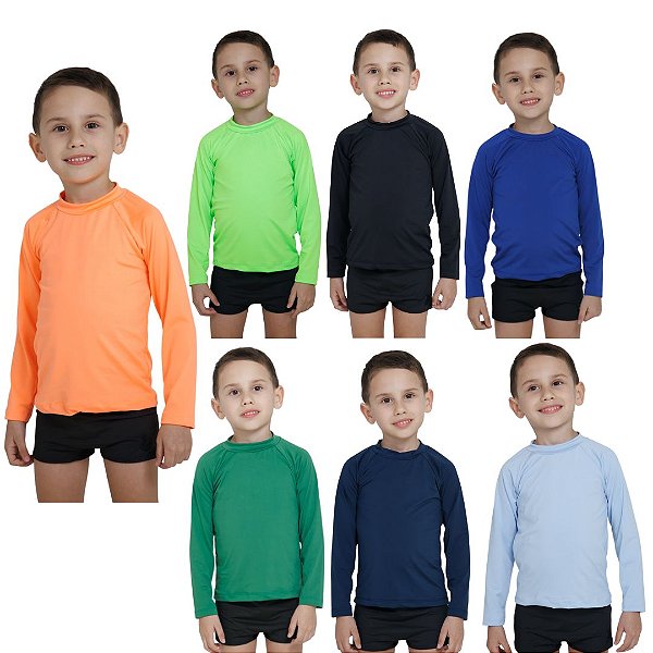 KIT 7 BLUSAS INFANTIL COM PROTEÇÃO SOLAR UV50 MODA PRAIA - LARANJA NEON, VERDE NEON, PRETO, ROYAL, VERDE BANDEIRA, MARINHO, AZUL BEBÊ