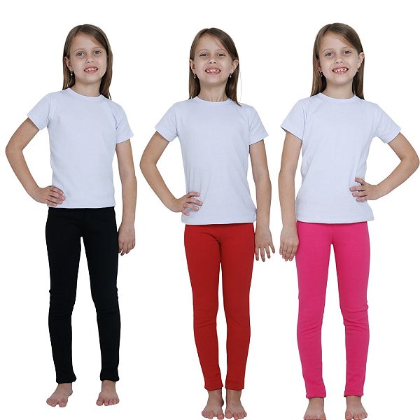 KIT DE 3 CALÇAS LEGGING DE RIBANA INFANTIL PARA MENINAS 1 AO 14 ANOS - PRETA, PINK E VERMELHA