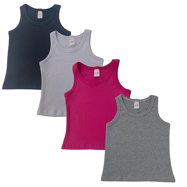 KIT DE 4 BLUSAS REGATAS DE RIBANA INFANTIL - PRETA, PINK, MESCLA, BRANCA