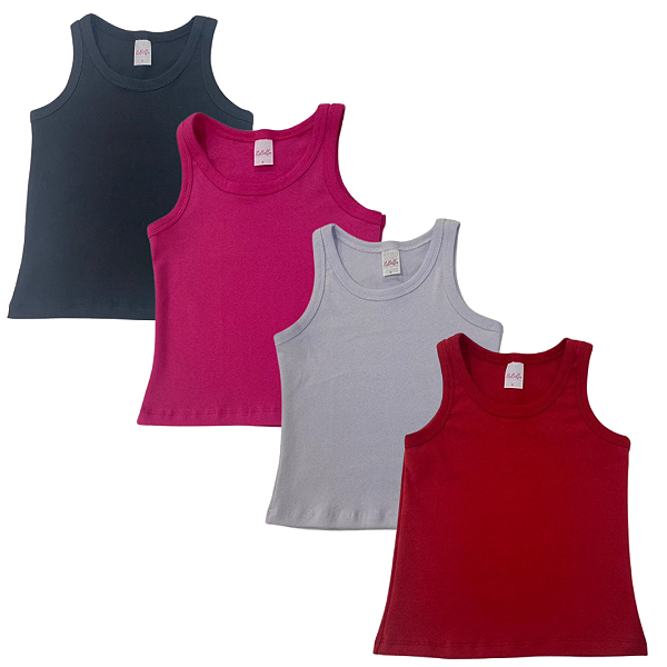 KIT DE 4 BLUSAS REGATAS DE RIBANA INFANTIL - PRETA, VERMELHA, PINK, BRANCA
