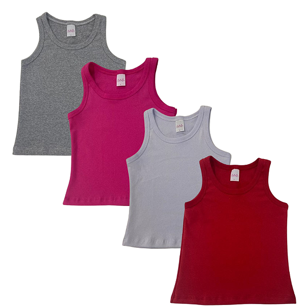 KIT DE 4 BLUSAS REGATAS DE RIBANA INFANTIL - MESCLA, BRANCA, VERMELHA, PINK