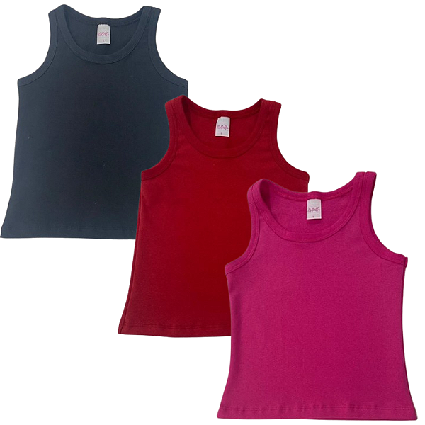 KIT DE 3 BLUSAS REGATAS DE RIBANA INFANTIL - PRETA, VERMELHA, PINK