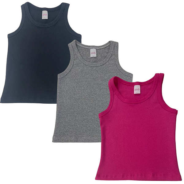 KIT DE 3 BLUSAS REGATAS DE RIBANA INFANTIL - PRETO, MESCLA, PINK