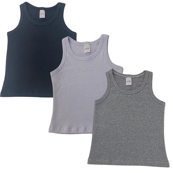 KIT DE 3 BLUSAS REGATAS DE RIBANA INFANTIL - PRETO, BRANCA, MESCLA