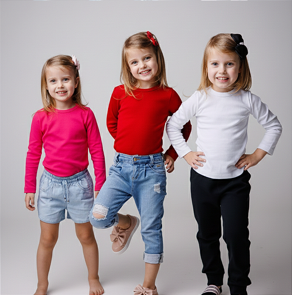 KIT 3 BLUSAS MANGA LONGA INFANTIL RIBANA UNISSEX 1 AO 12 ANOS - VERMELHA, PINK, BRANCA