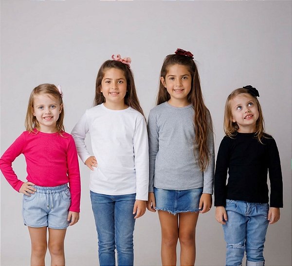 KIT 4 BLUSAS MANGA LONGA INFANTIL RIBANA UNISSEX 1 AO 12 ANOS - PRETA, PINK, MESCLA, BRANCA