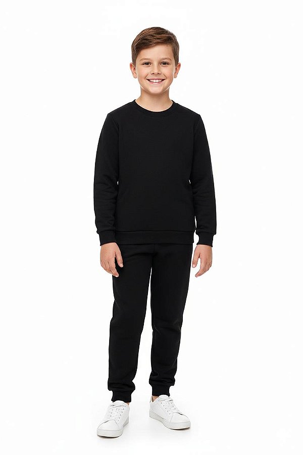 CONJUNTO DE MOLETOM BLUSA E CALÇA PELUCIADAS UNISSEX 2 AO 16 ANOS - PRETO