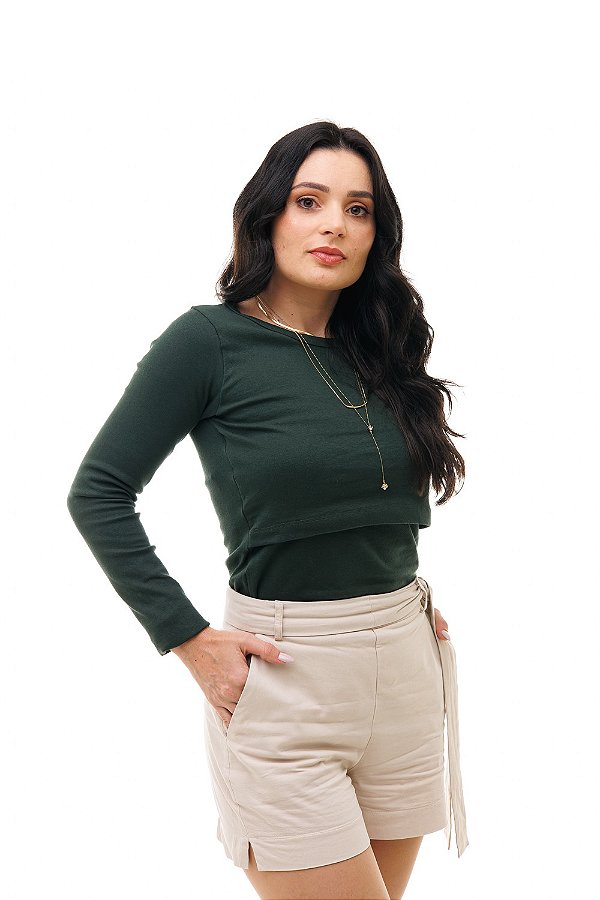 BLUSA FEMININA MANGA LONGA GOLA REDONDA COM ABERTURA PARA AMAMENTAÇÃO VERDE MILITAR