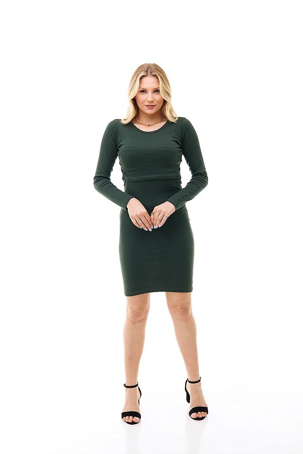 VESTIDO MIDI FEMININO MANGA LONGA COM ABERTURA PARA AMAMENTAÇÃO VERDE MILITAR