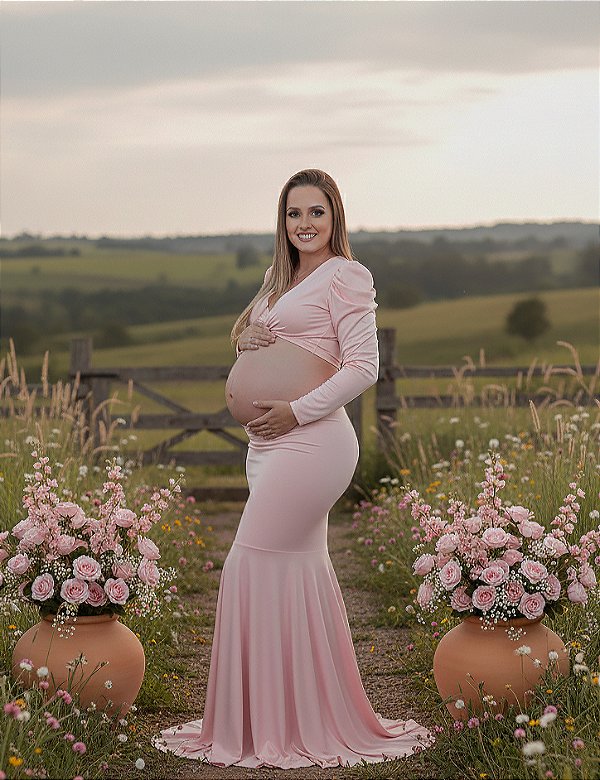 Conjunto para ensaio de gestante com saia sereia e blusa manga longa com obreira