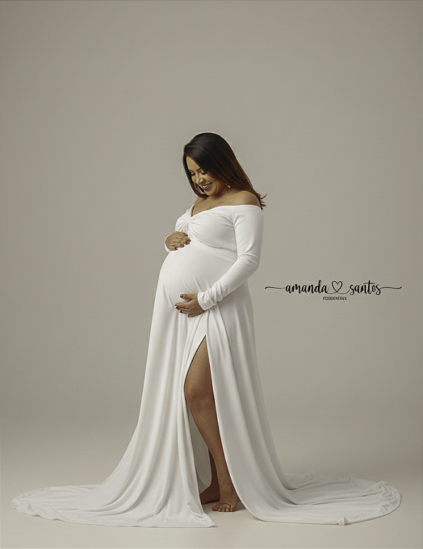 Conjunto saia godê para ensaio de gestante com cropped manga longa em malha