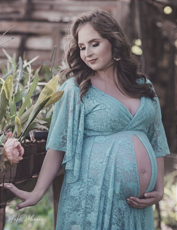 Vestido para ensaio de fotos de gestante manga godê em renda