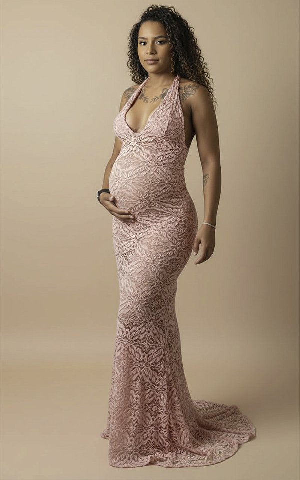 Vestido para ensaio fotográfico de gestante em renda glamurosa