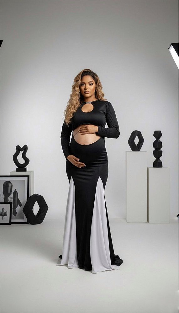 Vestido para ensaio fotográfico de gestante preto e branco