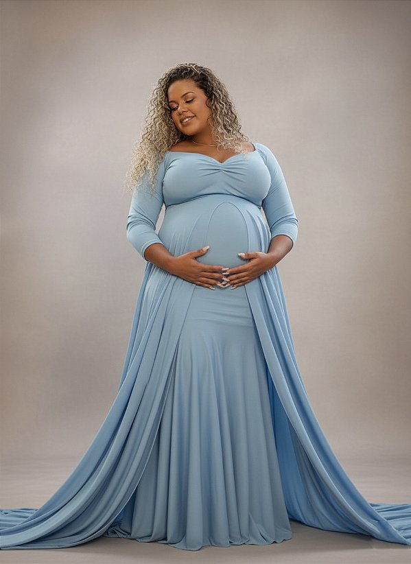 Vestido para ensaio de gestante cauda longa 3 peças