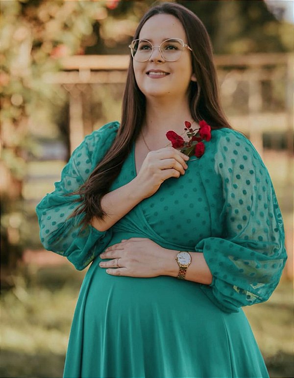 Vestido para ensaio gestante manga poá