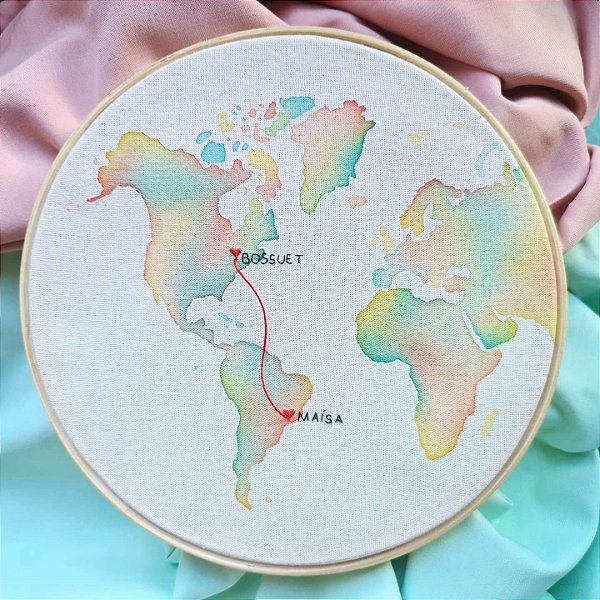Mapa Mundi em aquarela e pontos ligados em bordado