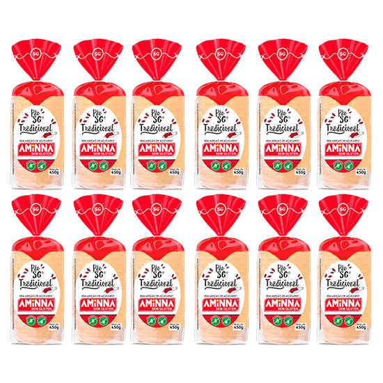 Kit com 12 Pães sem Glúten Aminna Sem Açúcar Tradicional 450g ID: 175