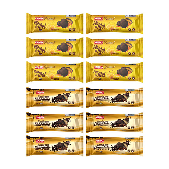 Kit com 6 Biscoitos Pão de Mel + 6 Biscoitos com Cobertura de Chocolate SG® Sem Glúten Aminna, 100g