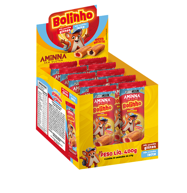 Display 10 unidades - Bolinho Minno de Baunilha com Recheio de Morango Sem Glúten Aminna SG - 40 g - ID: 244