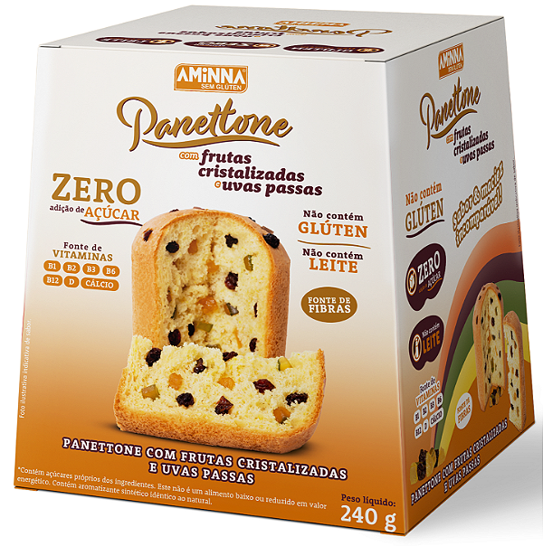 Panettone Sem Glúten e Sem Açúcar de Uvas Passas e Frutas Cristalizadas Aminna 240g ID 255
