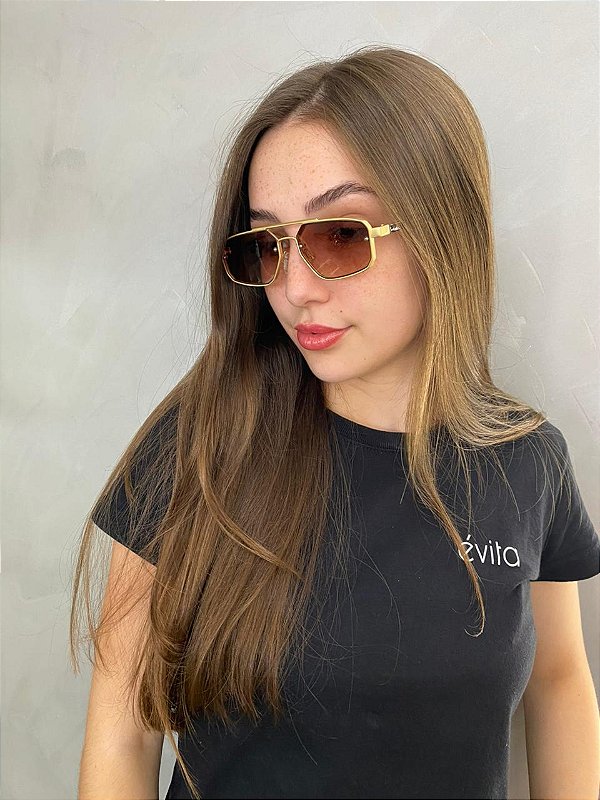 OCULOS NINA - LENTE MARROM DEGRADE ARMAÇÃO METAL DOURADO