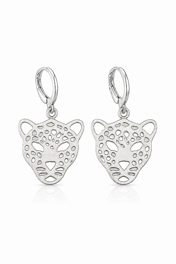 Brinco de Argola Fechada com Pingente de Onça Rhodium Branco