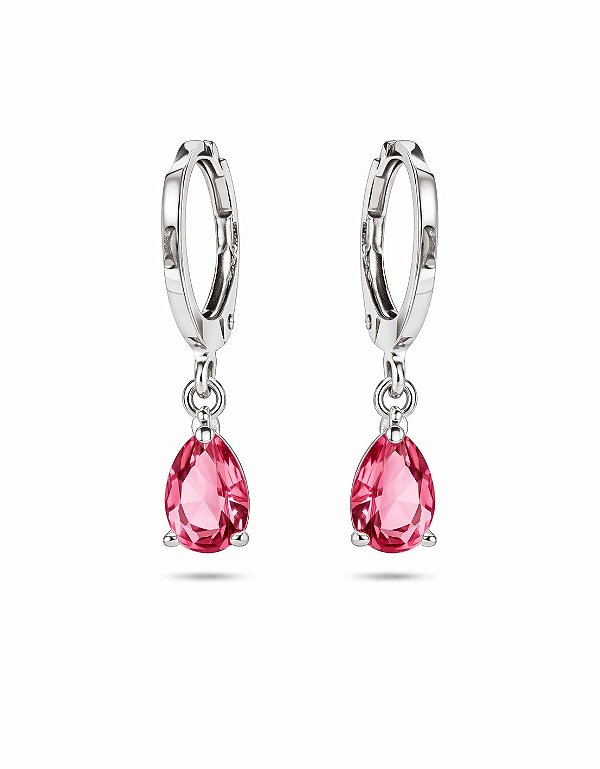 Brinco Argola Clique Pingente Gota Cereja Rhodium Branco