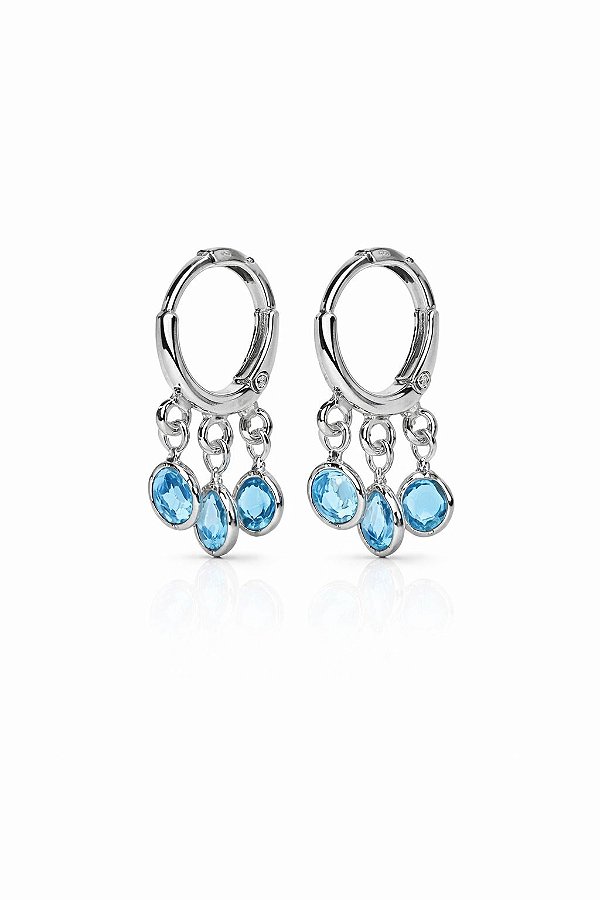 Brinco Argola Clique Pingente Triplo Azul Rhodium Branco