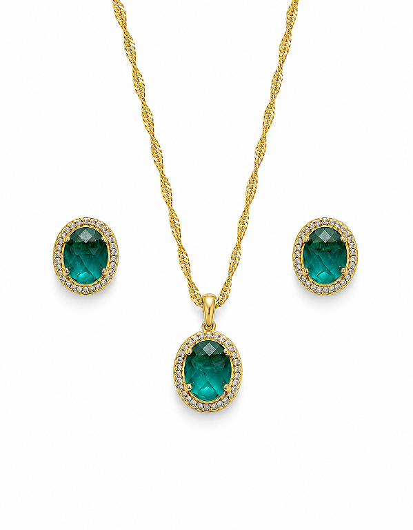 Conjunto Oval 1.3mm Verde Ouro