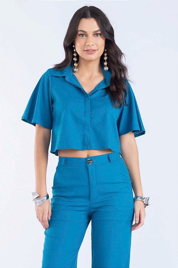 Camisa Cropped Azul Viscolinho