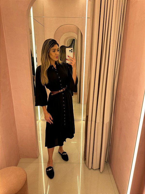 Vestido Super Midi Com Botões Frontais Preto