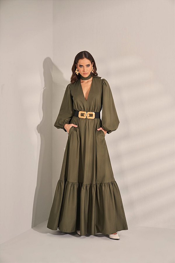 VESTIDO LONGO TRICOLINE COM FAIXA