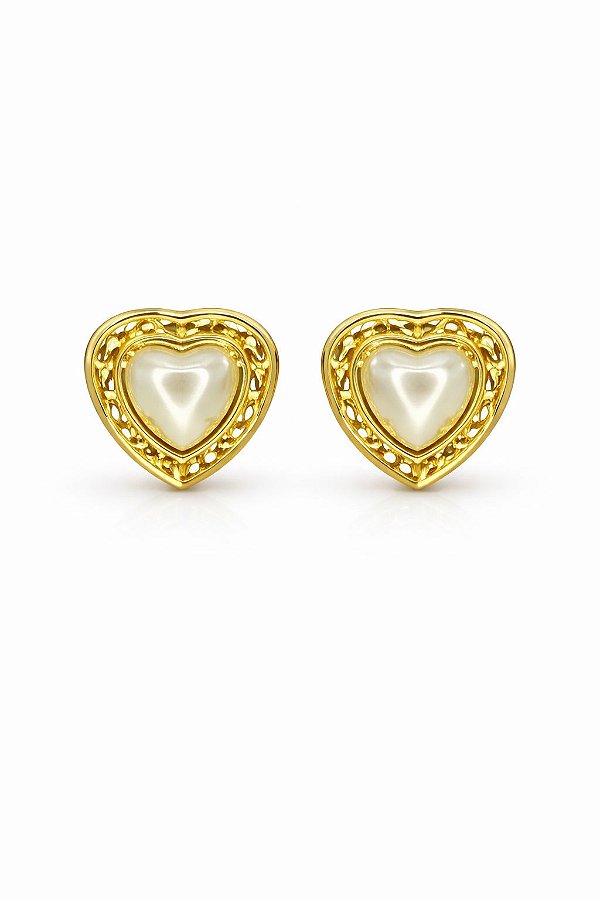 Brinco Coração Pérola Dourado Ouro 18k 2cm