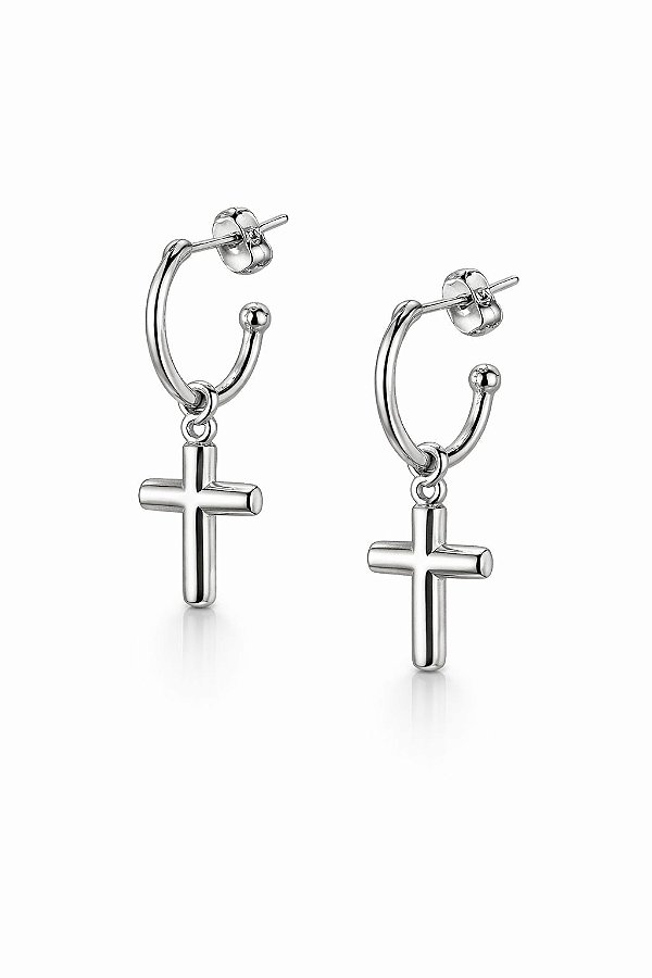 Brinco Argola 2 em 1 Pingente Cruz Rhodium Branco