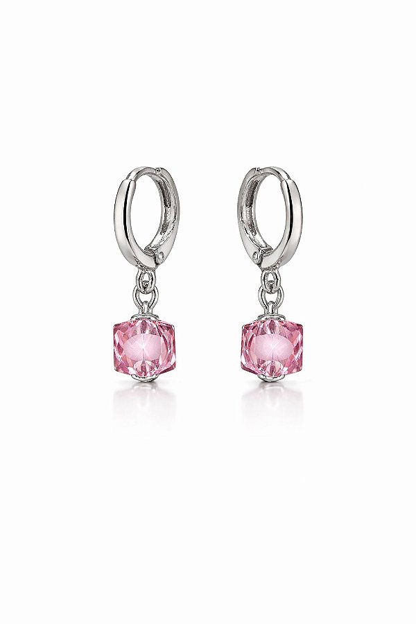 Brinco Argola Clique Pingente Rosa Rhodium Branco
