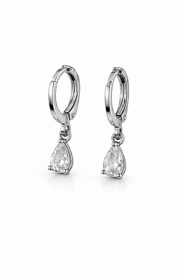 Brinco Argola Clique Pingente Mini Gota Zircônia Rhodium Branco